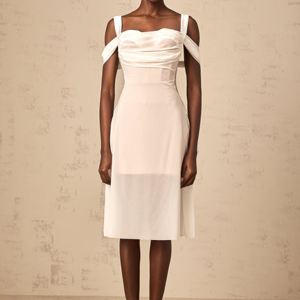 Pasquina White Tulle Overlay Ruched Midi Dress