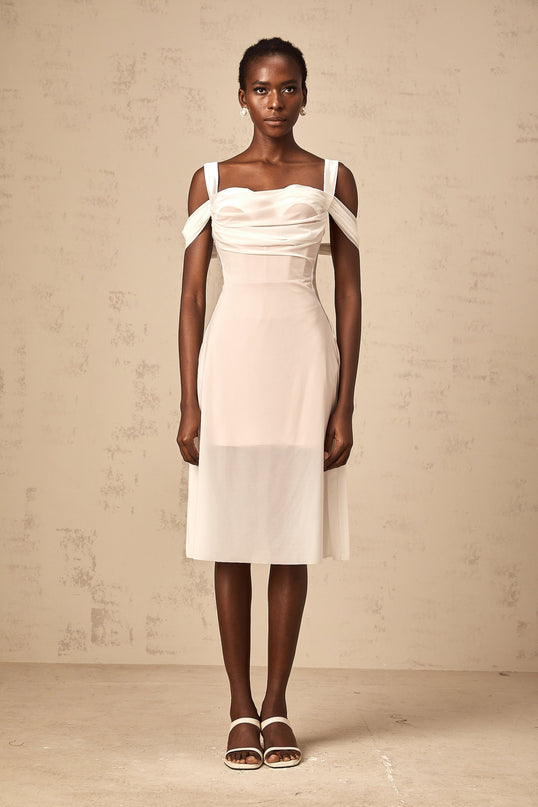 Pasquina White Tulle Overlay Ruched Midi Dress