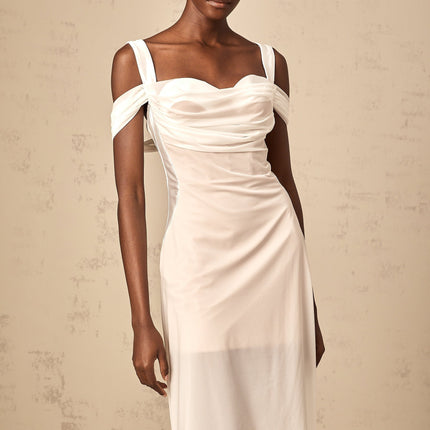 Pasquina White Tulle Overlay Ruched Midi Dress