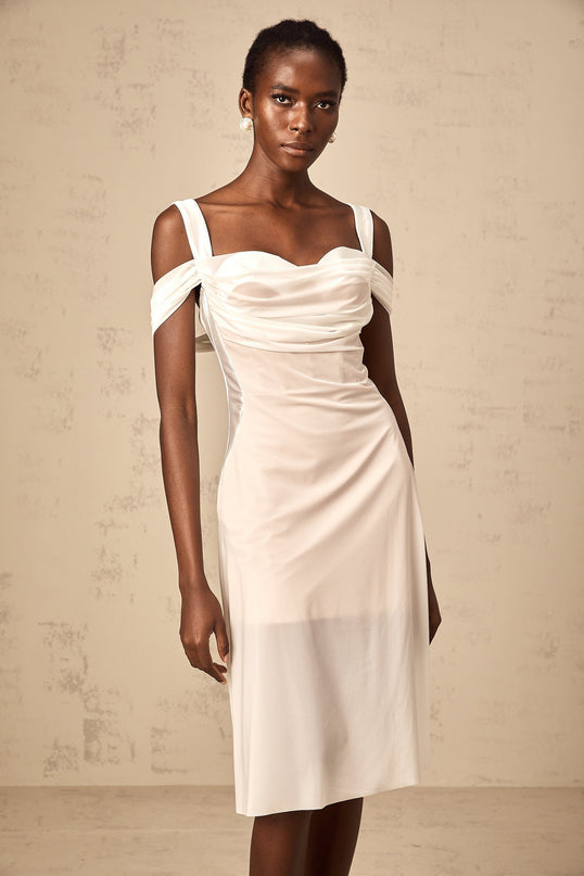 Pasquina White Tulle Overlay Ruched Midi Dress