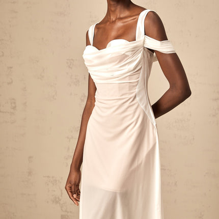 Pasquina White Tulle Overlay Ruched Midi Dress