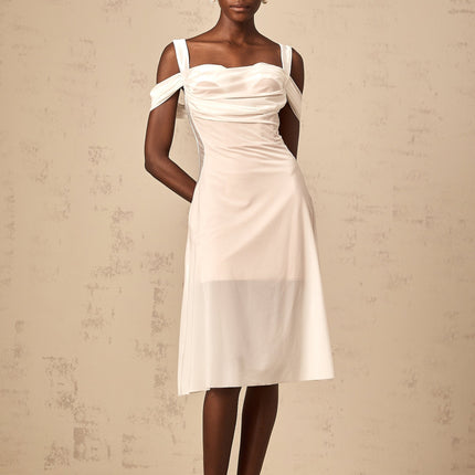 Pasquina White Tulle Ruched Midi Dress with Boned Bodice and Zip Fastening