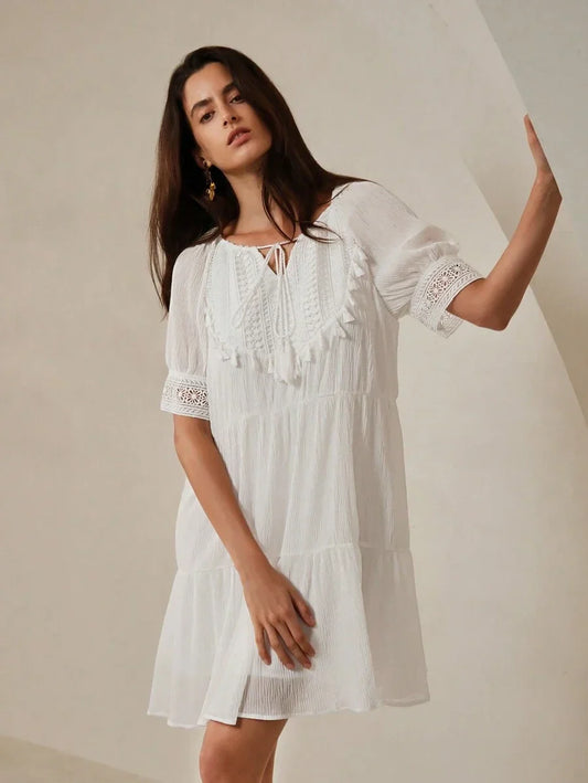 Patchwork Soluble Lace Casual Dress With Tie Collar