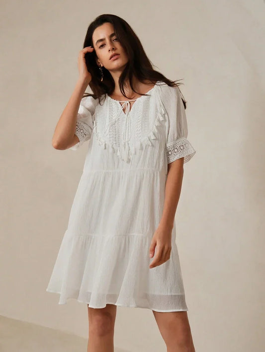Patchwork Soluble Lace Casual Dress With Tie Collar