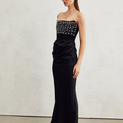 Patrizia Black Maxi Dress with Crystal Embellishments and Pleated Detailing