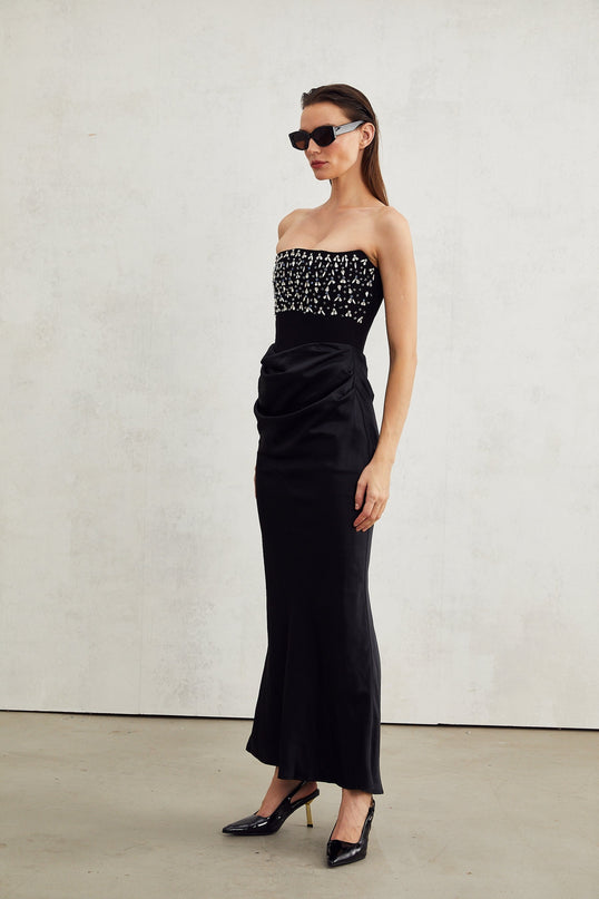 Patrizia Black Maxi Dress with Crystal Embellishments and Pleated Detailing