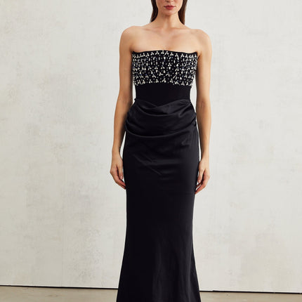 Patrizia Black Maxi Dress with Pleated Detailing and Crystal Embellishments