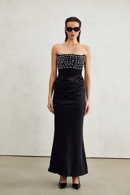 Patrizia Black Maxi Dress with Pleated Detailing and Crystal Embellishments