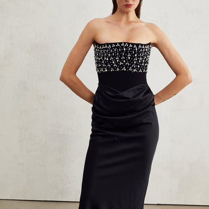 Patrizia Black Maxi Dress with Pleated Detailing and Crystal Embellishments