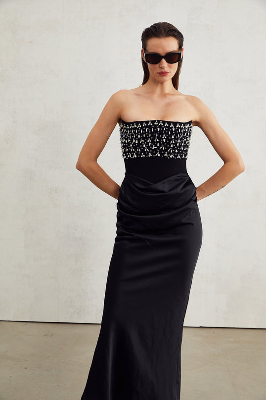 Patrizia Black Maxi Dress with Pleated Detailing and Crystal Embellishments