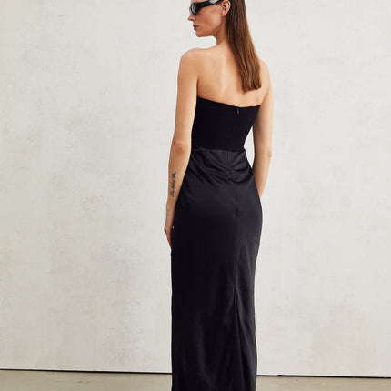 Patrizia Black Maxi Dress with Crystal Embellishments and Pleated Detailing