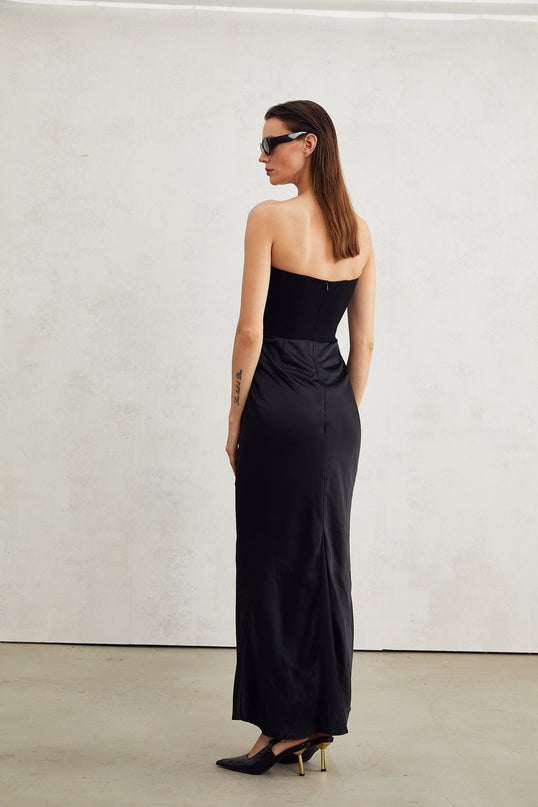 Patrizia Black Maxi Dress with Crystal Embellishments and Pleated Detailing