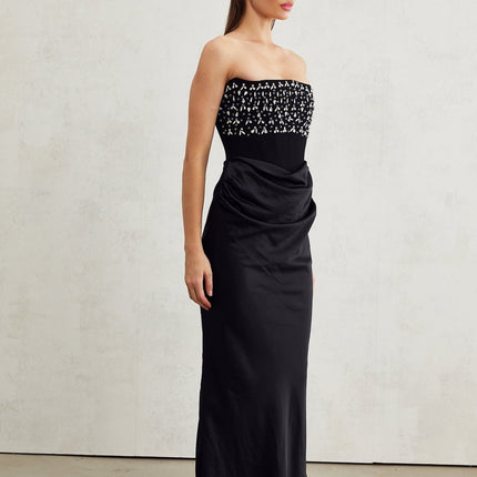 Patrizia Black Maxi Dress with Pleated Detailing and Crystal Embellishments