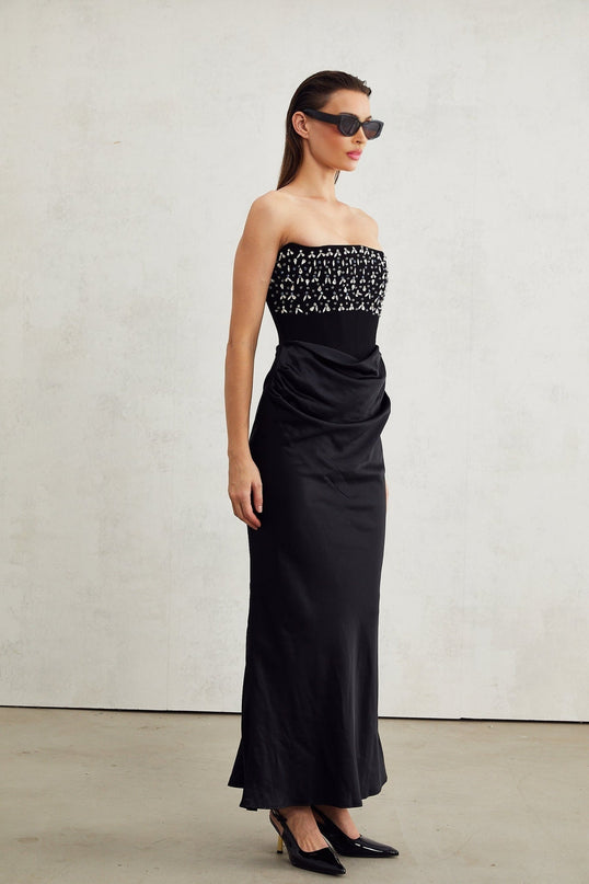 Patrizia Black Maxi Dress with Pleated Detailing and Crystal Embellishments