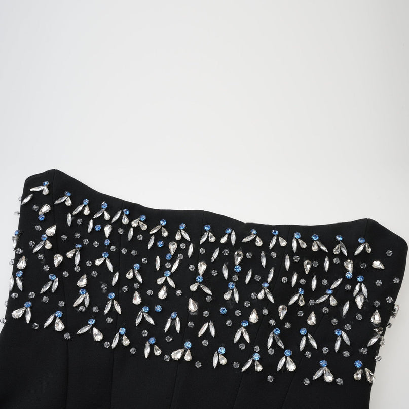 Patrizia Black Maxi Dress Pleated Crystal Embellishments Flared Hem Rear Zip Fastening Terylene Fiber Luxury Iconic Piece