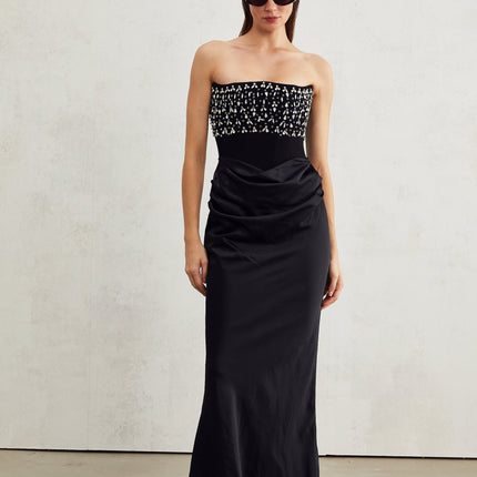 Patrizia Black Maxi Dress with Pleated Detailing and Crystal Embellishments