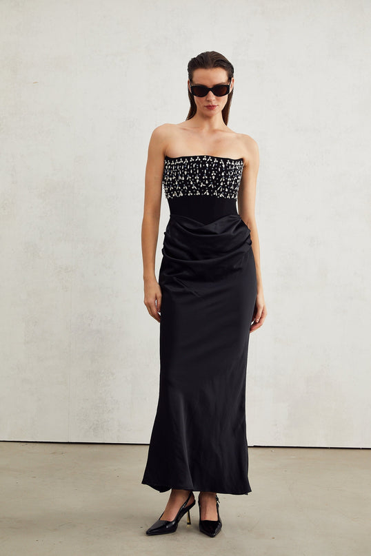 Patrizia Black Maxi Dress with Pleated Detailing and Crystal Embellishments