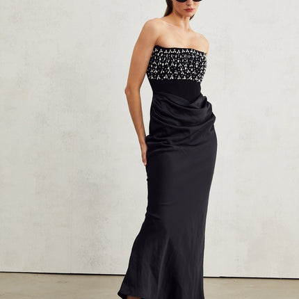 Patrizia Black Maxi Dress with Pleated Detailing and Crystal Embellishments