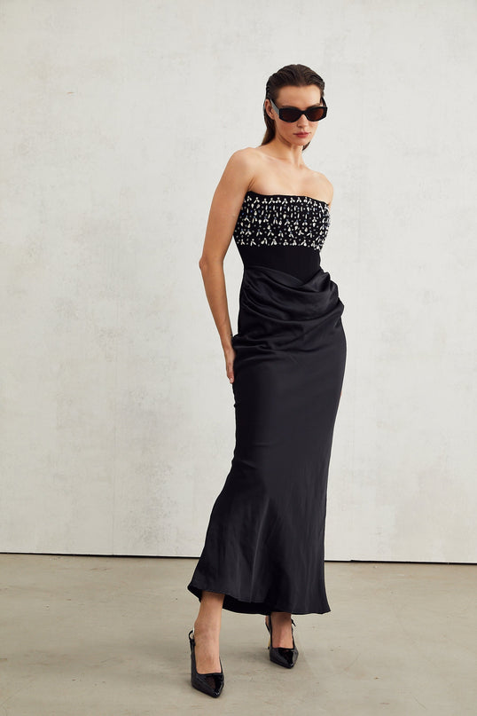 Patrizia Black Maxi Dress with Pleated Detailing and Crystal Embellishments