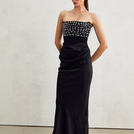 Patrizia Black Maxi Dress with Crystal Embellishments and Pleated Detailing