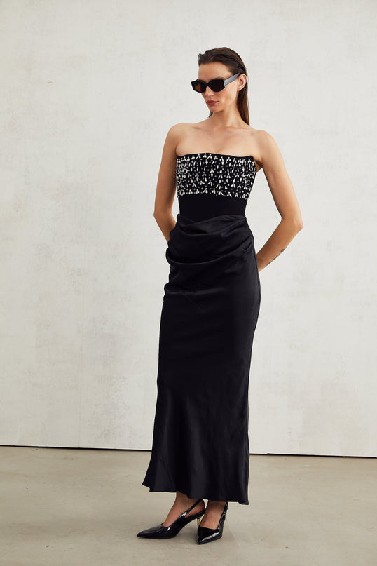 Patrizia Black Maxi Dress with Crystal Embellishments and Pleated Detailing