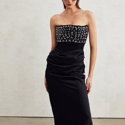 Patrizia Black Maxi Dress with Pleated Detailing and Crystal Embellishments