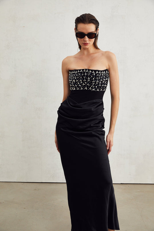 Patrizia Black Maxi Dress with Pleated Detailing and Crystal Embellishments