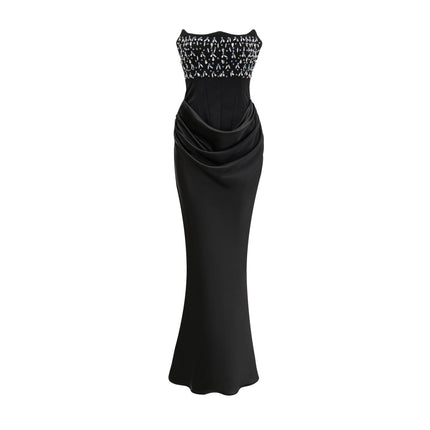 Patrizia Black Maxi Dress with Pleated Detailing and Crystal Embellishments