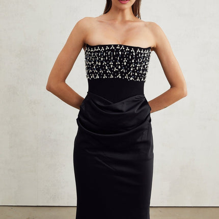Patrizia Black Maxi Dress with Pleated Detailing and Crystal Embellishments