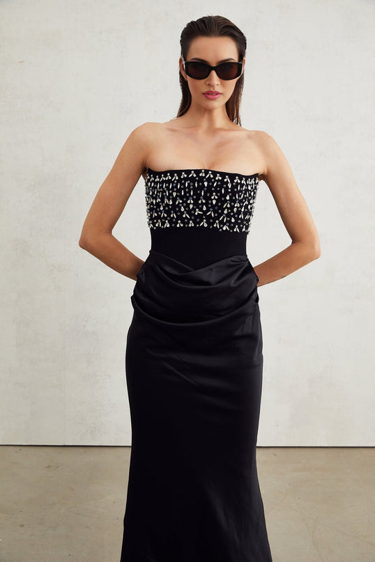 Patrizia Black Maxi Dress with Pleated Detailing and Crystal Embellishments