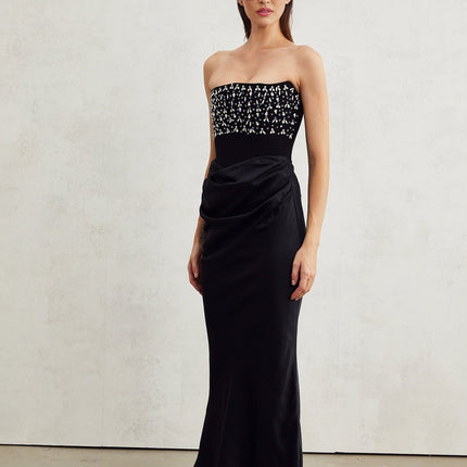 Patrizia Black Maxi Dress with Pleated Detailing and Crystal Embellishments