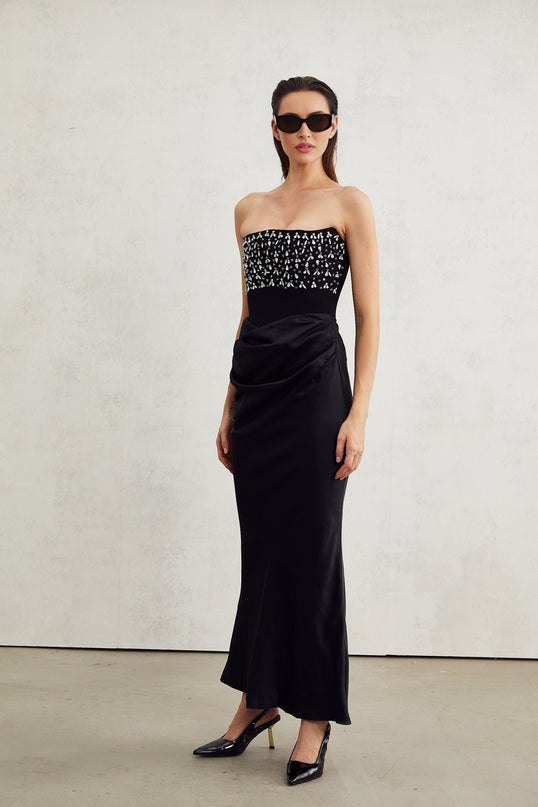 Patrizia Black Maxi Dress with Pleated Detailing and Crystal Embellishments