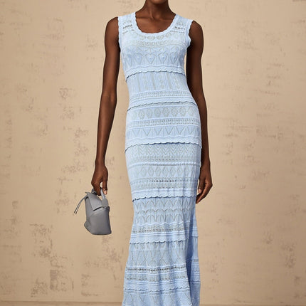 Patrizia Blue Crochet Knit Midi Dress with Ruffled Trim and Flared Hem