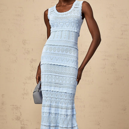 Patrizia Blue Crochet Knit Midi Dress with Ruffled Trim