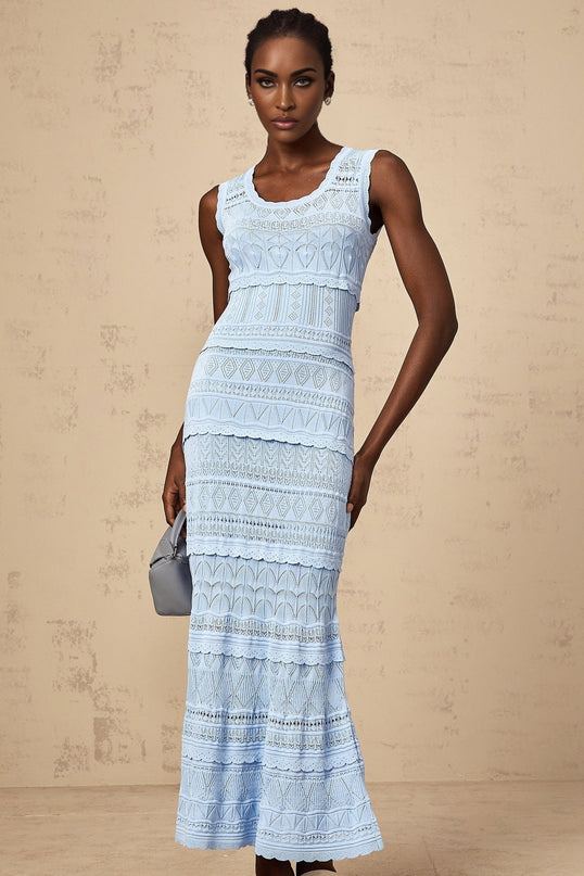 Patrizia Blue Crochet Knit Midi Dress with Ruffled Trim