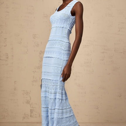 Patrizia Blue Crochet Knit Midi Dress with Ruffled Trim