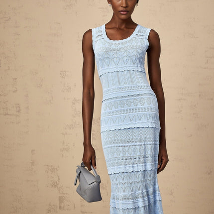 Patrizia Blue Crochet Knit Midi Dress with Ruffled Trim