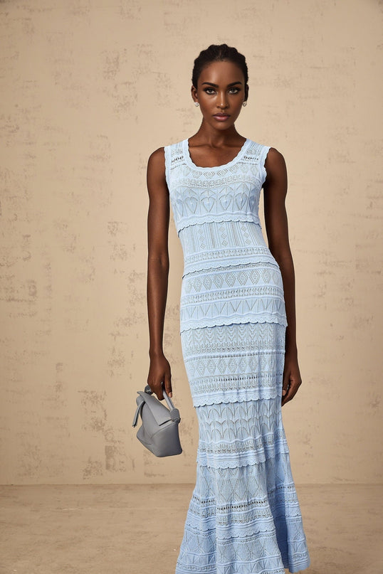 Patrizia Blue Crochet Knit Midi Dress with Ruffled Trim