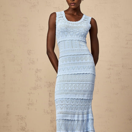 Patrizia Blue Crochet Knit Midi Dress with Ruffled Trim and Flared Hem