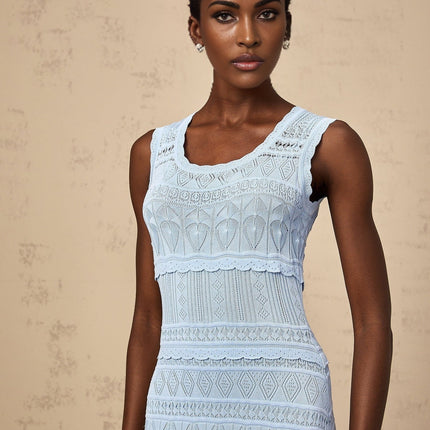 Patrizia Blue Crochet Knit Midi Dress with Ruffled Trim and Flared Hem