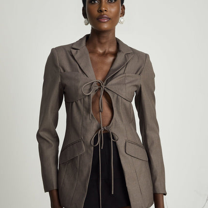 Patrizia Grey Blazer with Tie-Up Design and Inset Pockets in Cotton Polyester Blend for Women