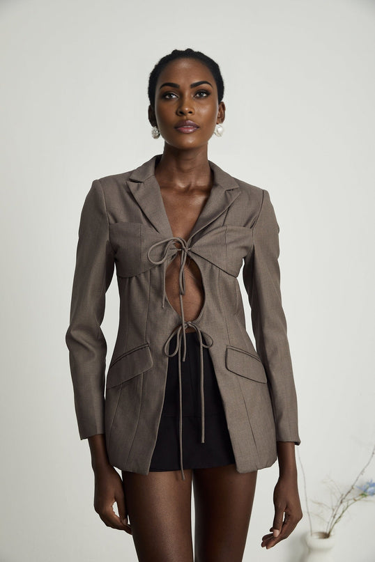 Patrizia Grey Blazer with Tie-Up Design and Inset Pockets in Cotton Polyester Blend for Women
