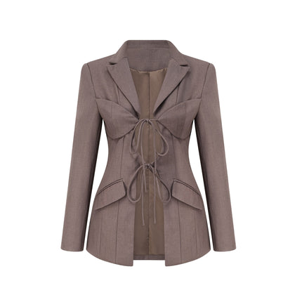 Patrizia Grey Blazer with Tie-Up Design and Inset Pockets in Cotton-Polyester Blend
