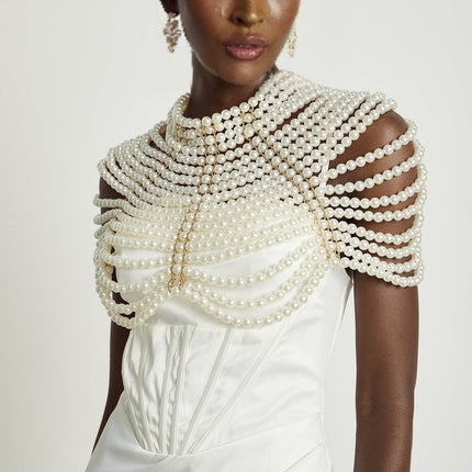 Patrizia White Faux-Pearl Embellished Crew Neck Shawl with Open-Back Detail and Lobster Claw Closure