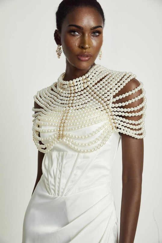 Patrizia White Faux-Pearl Embellished Crew Neck Shawl with Open-Back Detail and Lobster Claw Closure