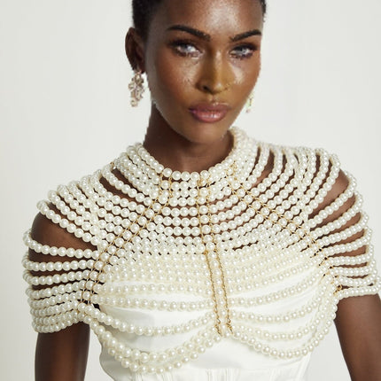 Patrizia White Faux Pearl Embellished Shawl Crew Neck Open Back Lobster Claw Closure 100 Percent Faux Pearl Luxury Regal Finish Grace Charm