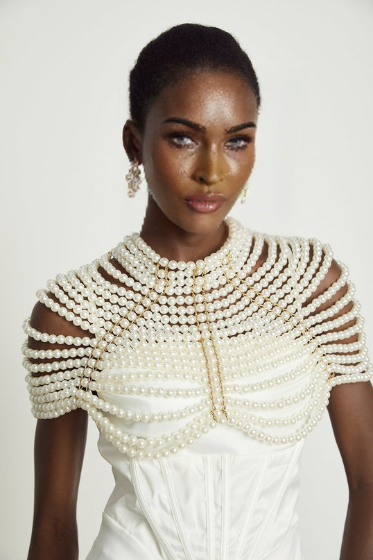 Patrizia White Faux Pearl Embellished Shawl Crew Neck Open Back Lobster Claw Closure 100 Percent Faux Pearl Luxury Regal Finish Grace Charm