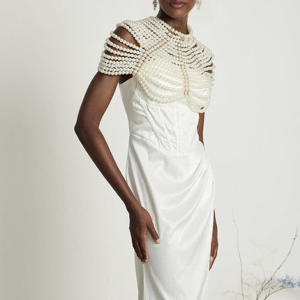 Patrizia White Faux-Pearl Embellished Shawl with Crew Neck and Open-Back Detail