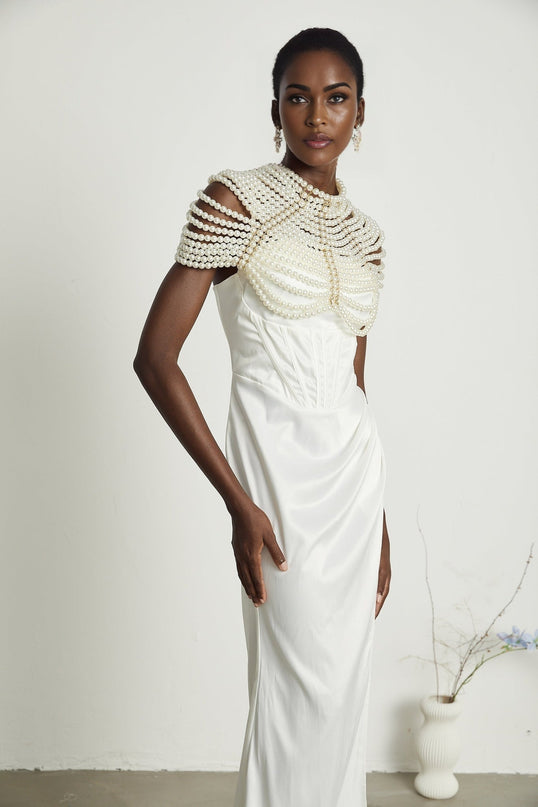 Patrizia White Faux-Pearl Embellished Shawl with Crew Neck and Open-Back Detail