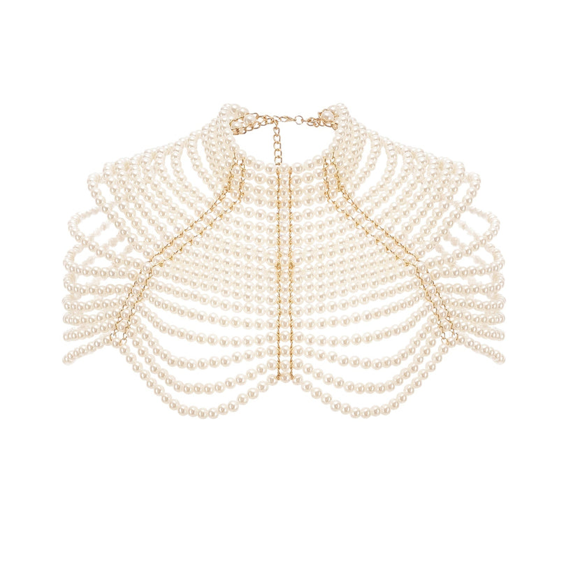 Patrizia White Faux-Pearl Embellished Shawl with Crew Neck and Open-Back Detail
